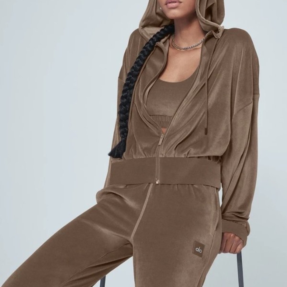 Alo Velour Set Glimmer Full Zip Hoodie + High Waist Wide Leg Pant Hot Cocoa